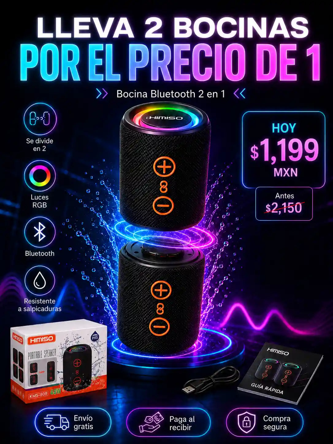🔥Bocina Bluetooth 2 En 1 | Resistente al Agua y Potente TWS