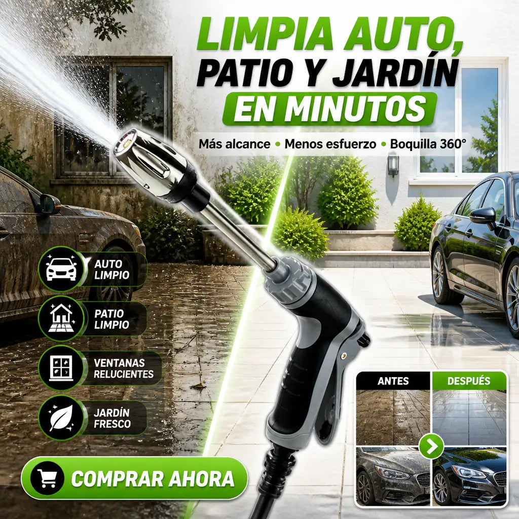 Una pistola multiusos para lavar patios, ventanas, pisos, paredes, jardín y también tu auto.